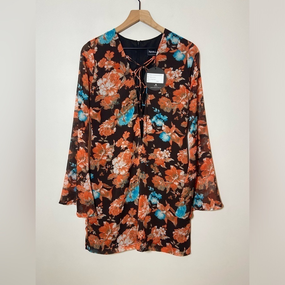 NWT Nookie True Romance Criss Cross Shift Long Sleeve Orange Floral Dress Sz 10